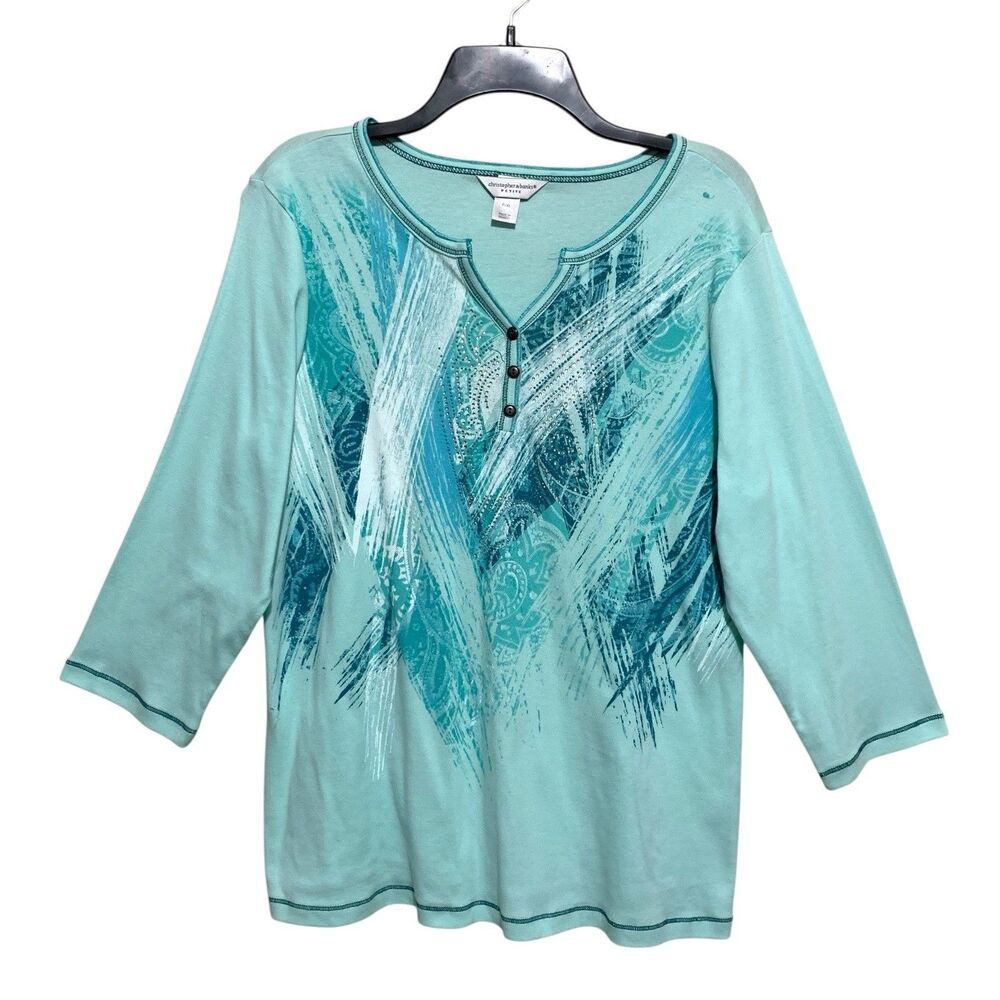 Christopher & Banks Top Womens Sz PXL Green Long Sleeve Henley V-Neck Knit